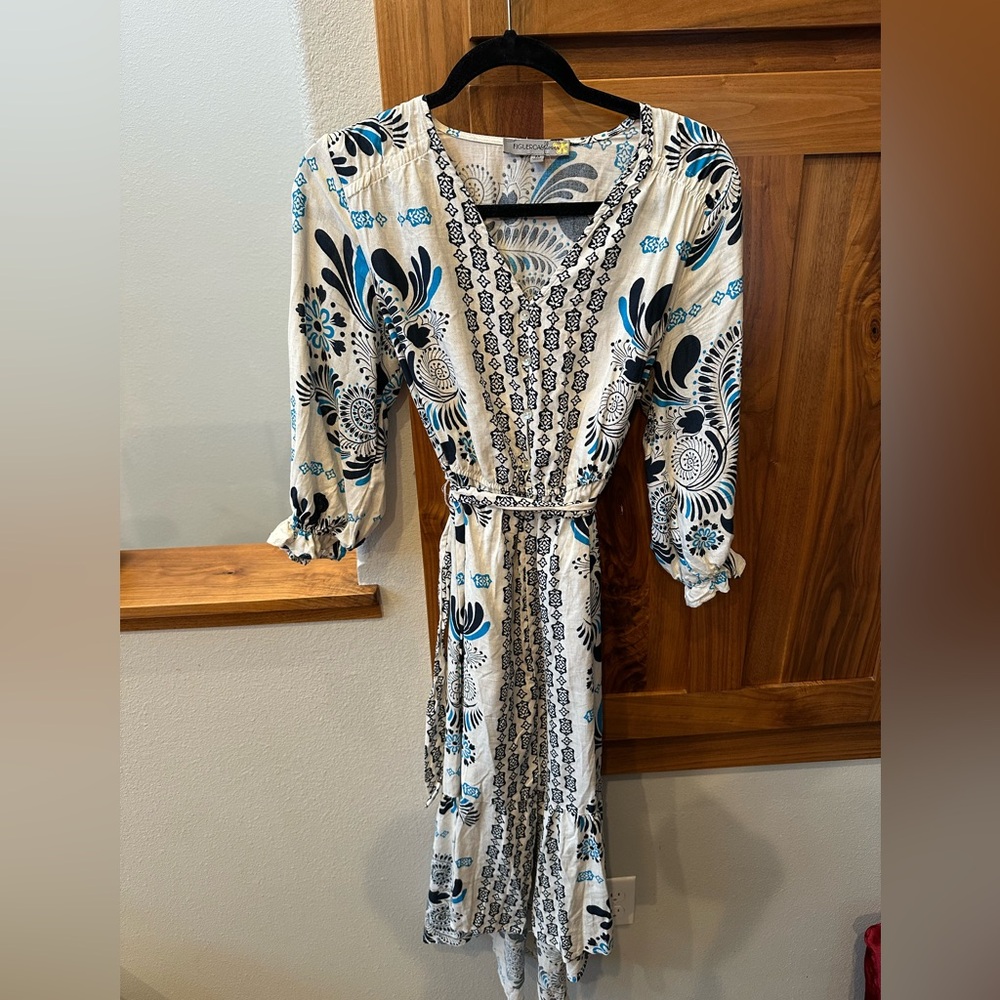 Anthropologie Cream and Blue Floral Long Sleeve Dress